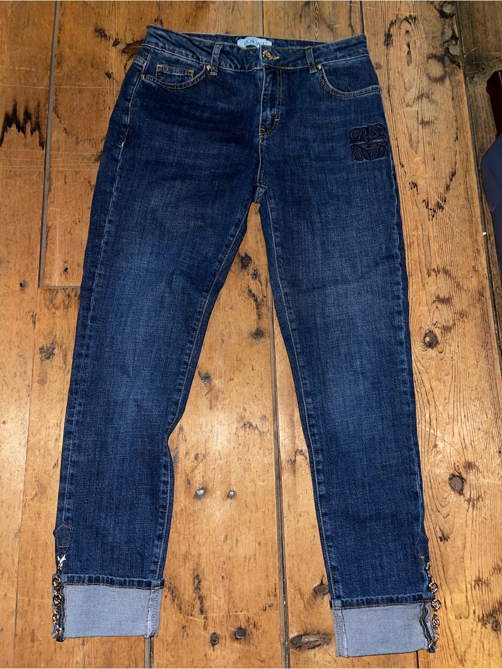 Loewe-Dark Blue Women's Slim Jeans with Cuffed Hem
